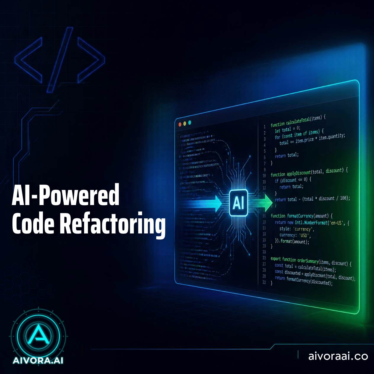 AI-powered code refactoring dashboard showing before and after code optimization