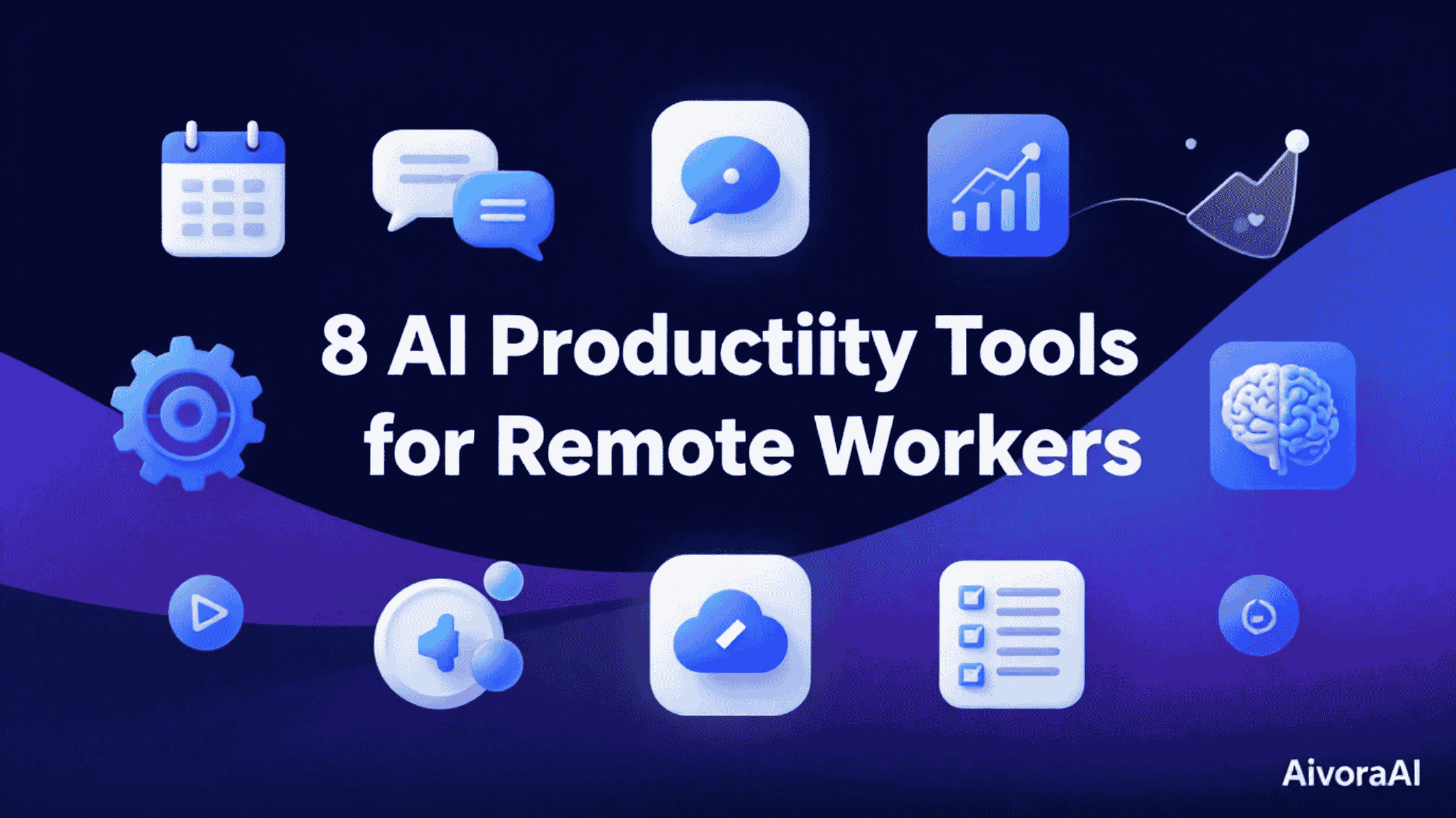 Remote worker using AI productivity tools on laptop with multiple app icons floating around
