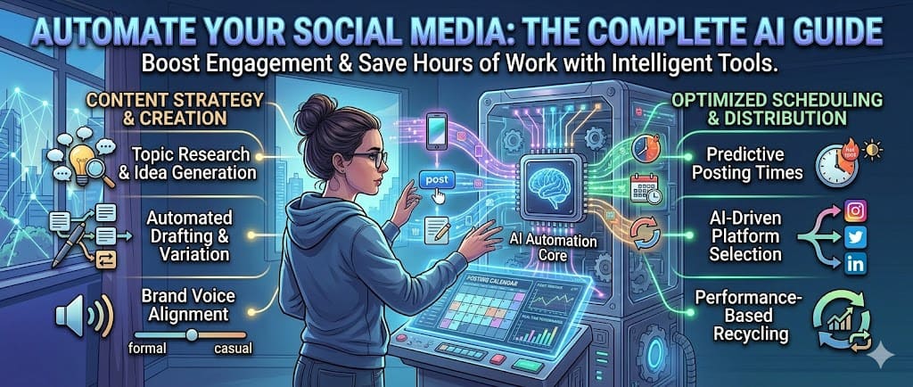 Social media calendar automation with AI showing scheduled posts across Instagram Twitter LinkedIn and TikTok