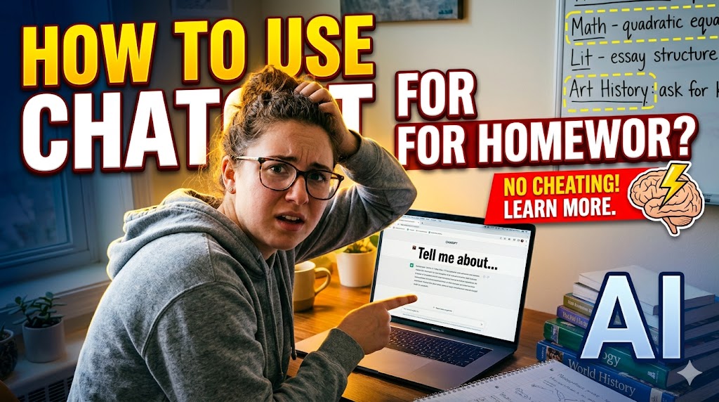 Student using ChatGPT for homework help on laptop at desk with books and notes