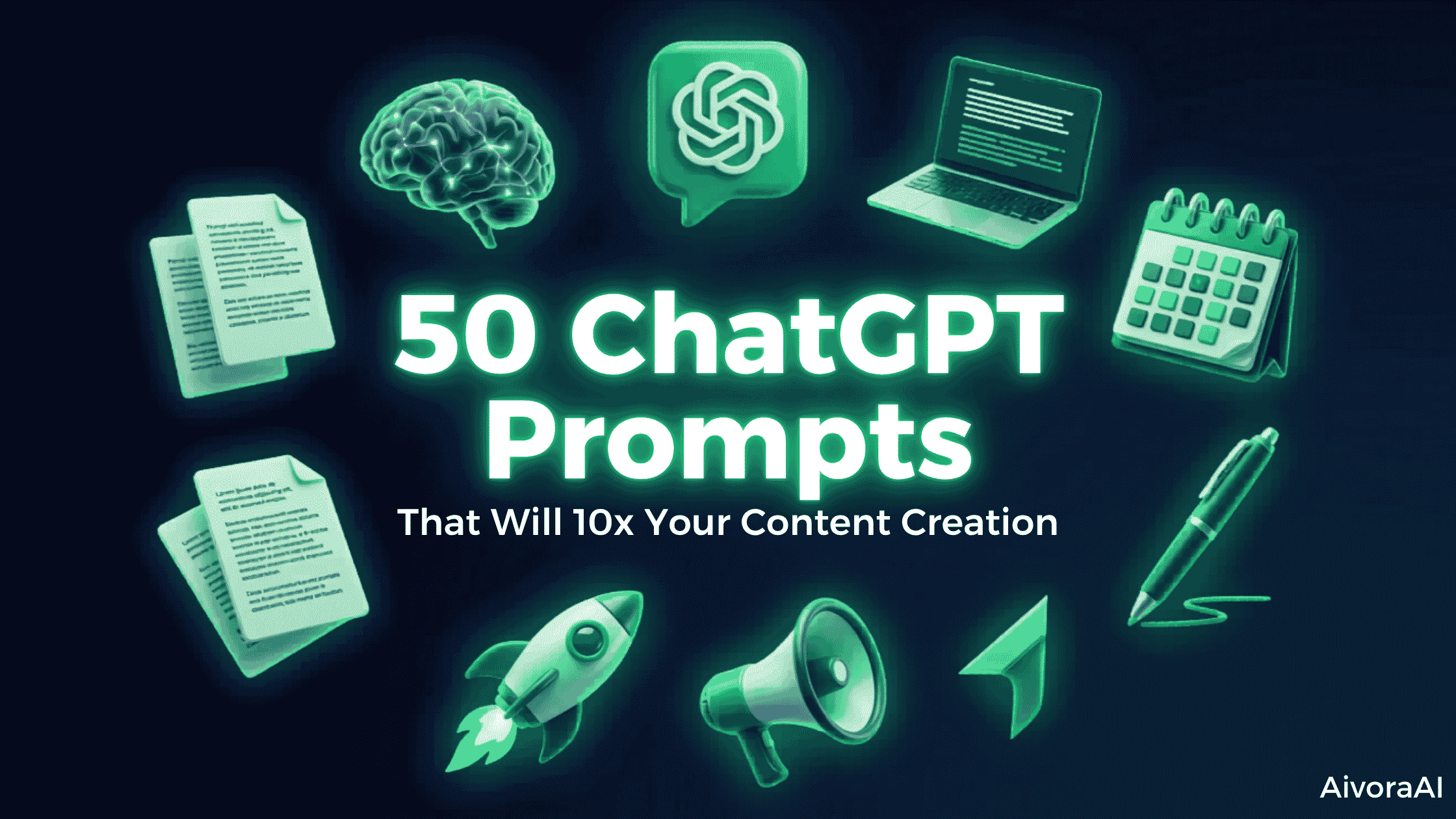 50 ChatGPT prompts for content creation displayed on screen with blog posts social media and email drafts