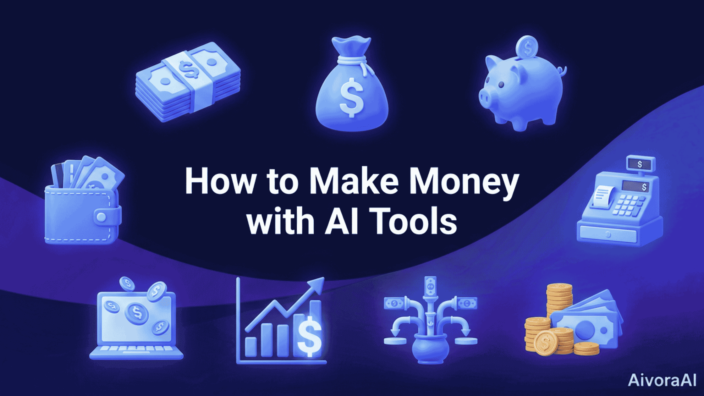 How to make money using AI tools in 2026 with laptop and income charts