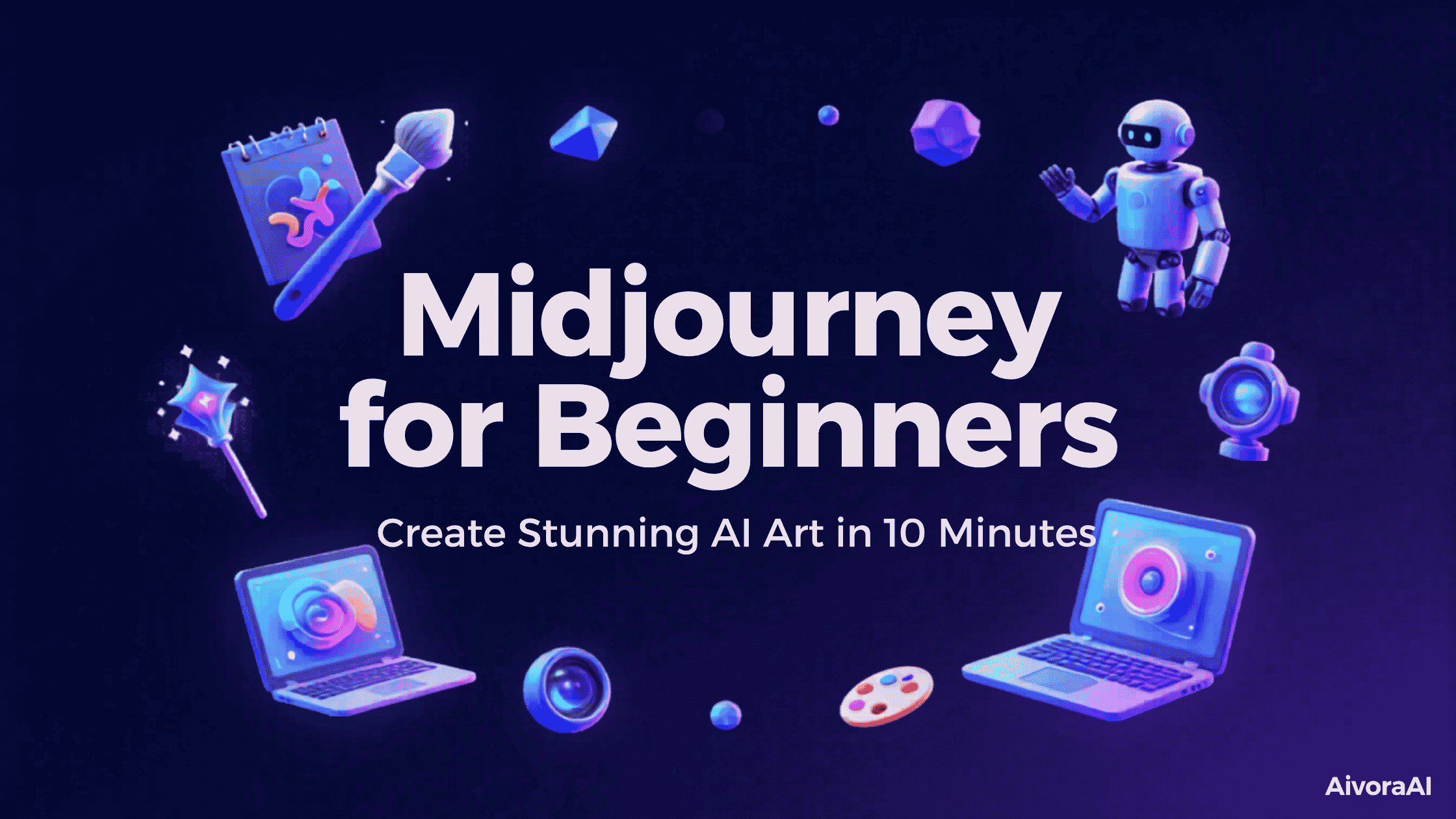 Midjourney for Beginners guide showing AI art creation process from prompt to final image