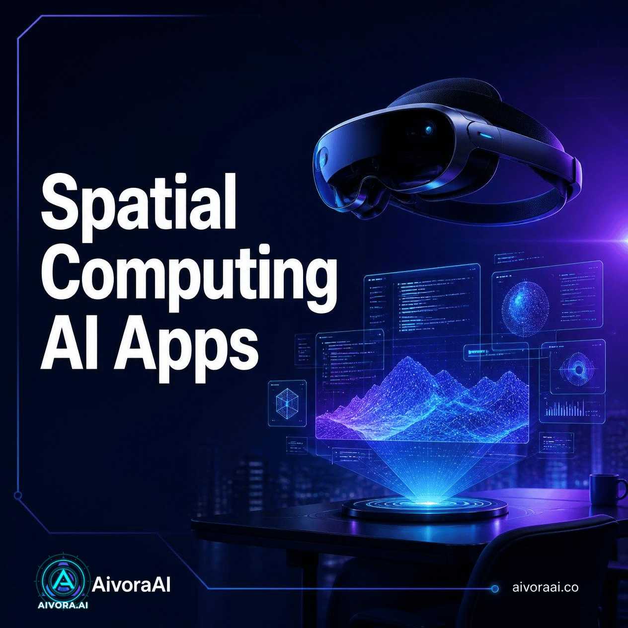 Spatial computing AI apps interface showing 3D holograms in a living room